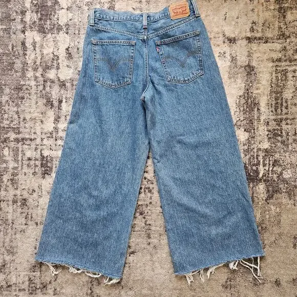 Levi's Blue '94 Baggy Wide Leg Jeans Raw‎ Distressed Hem Size 29 - Picture 4 of 13